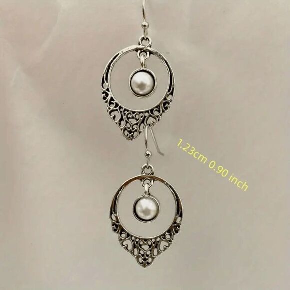Silver Pearl Round Filigree Dangle Earrings - Picture 4 of 5